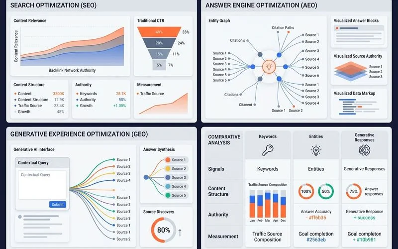 Comparison table graphic for SEO versus AEO and GEO