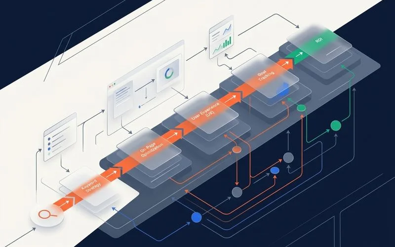 Flow diagram from search intent to traffic, leads, sales, and ROI measurement across SEO, CRO, and tracking layers