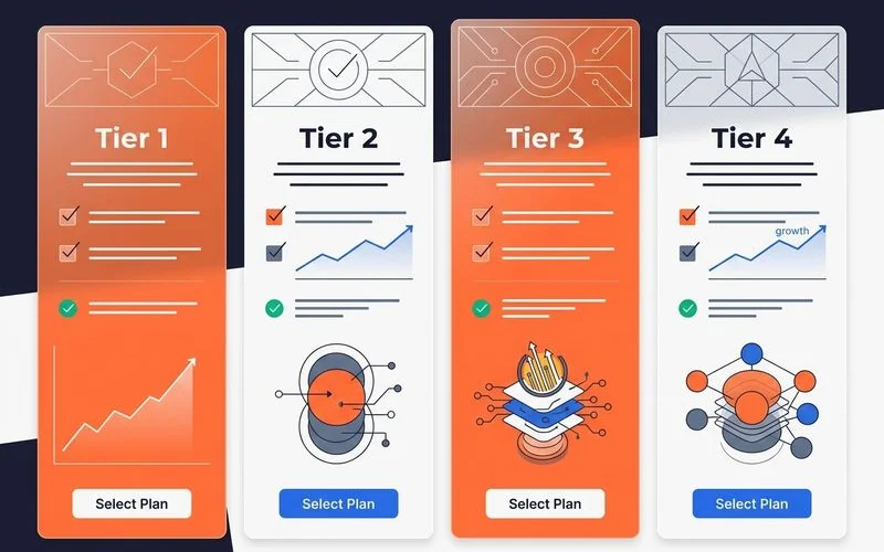 Minimal pricing comparison graphic for SEO retainer tiers in warm orange and cool grey