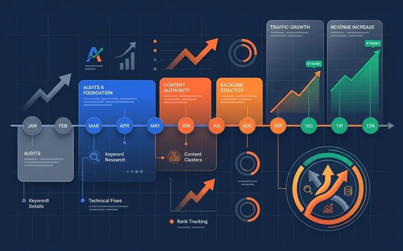 Minimal timeline graphic showing audit, content, authority, and revenue phases across twelve months of SEO work