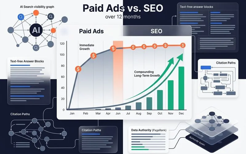Split comparison infographic showing paid ads immediate speed and SEO compounding growth over twelve months