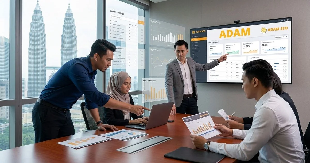 Business leadership team evaluating SEO agency proposal with data dashboards in a Malaysian boardroom