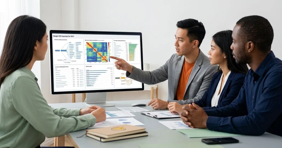 Business team comparing Google search and AI assistant discovery paths
