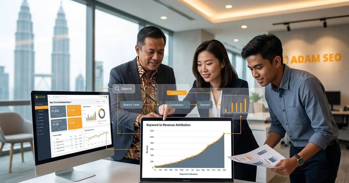 Consultant connecting keyword data to a revenue dashboard in a modern Malaysian business office with translucent data layers