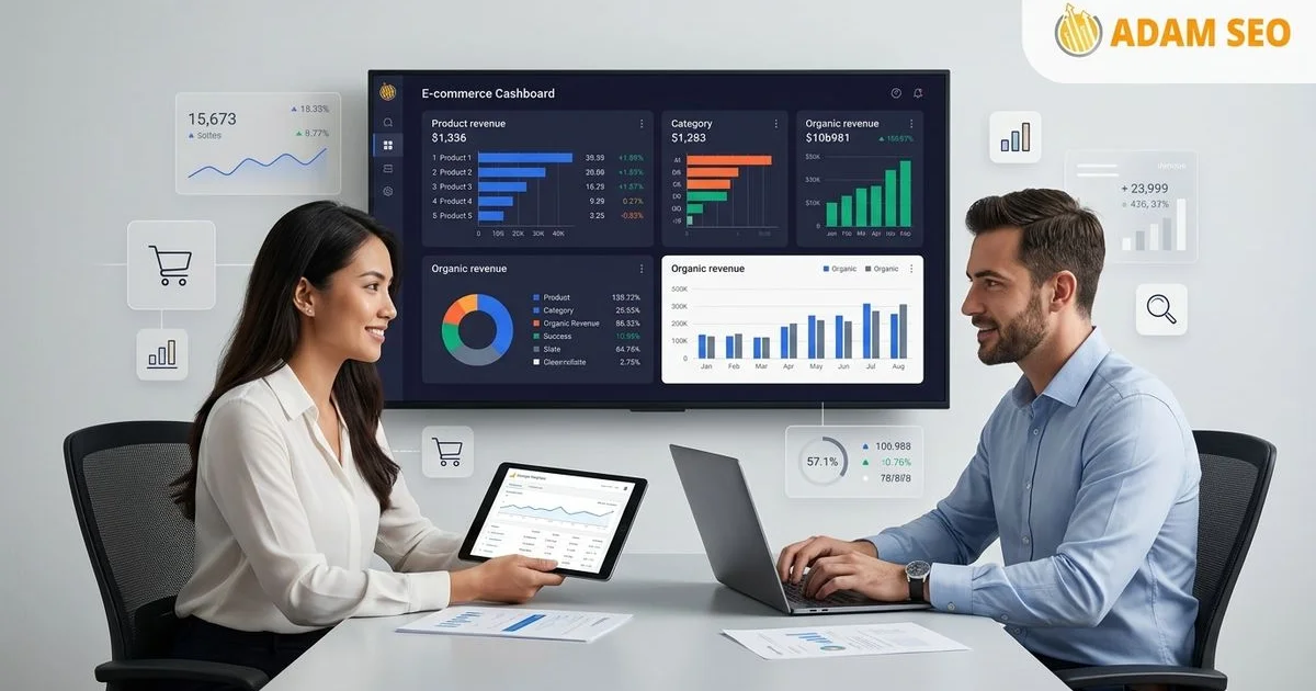 E-commerce dashboard showing traffic growth but low conversion rate with consultant analysis