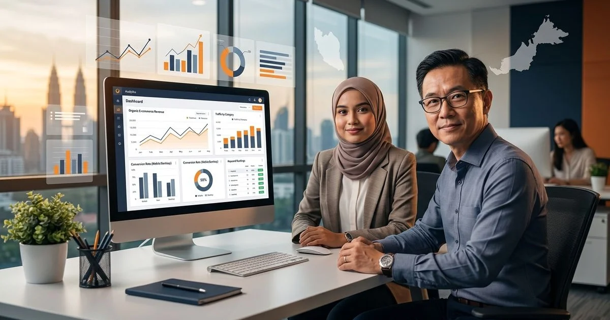 E-commerce founder reviewing product and category SEO dashboard with consultant in a Malaysian office