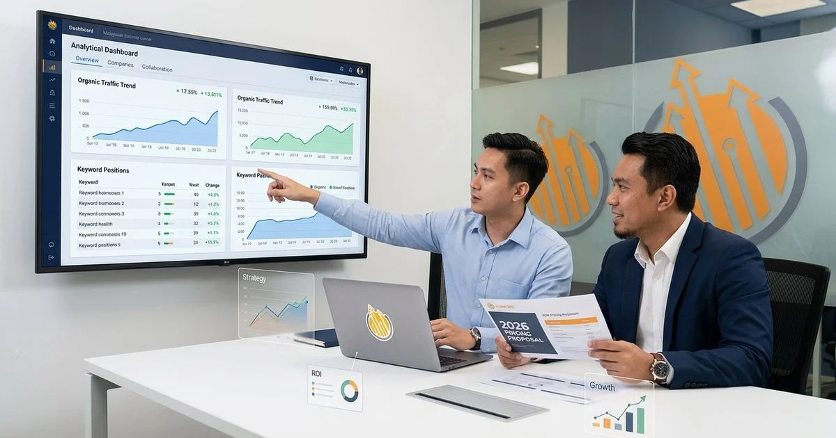 Malaysian business owner reviewing SEO investment dashboard with consultant in a modern Kuala Lumpur office with clean data overlays
