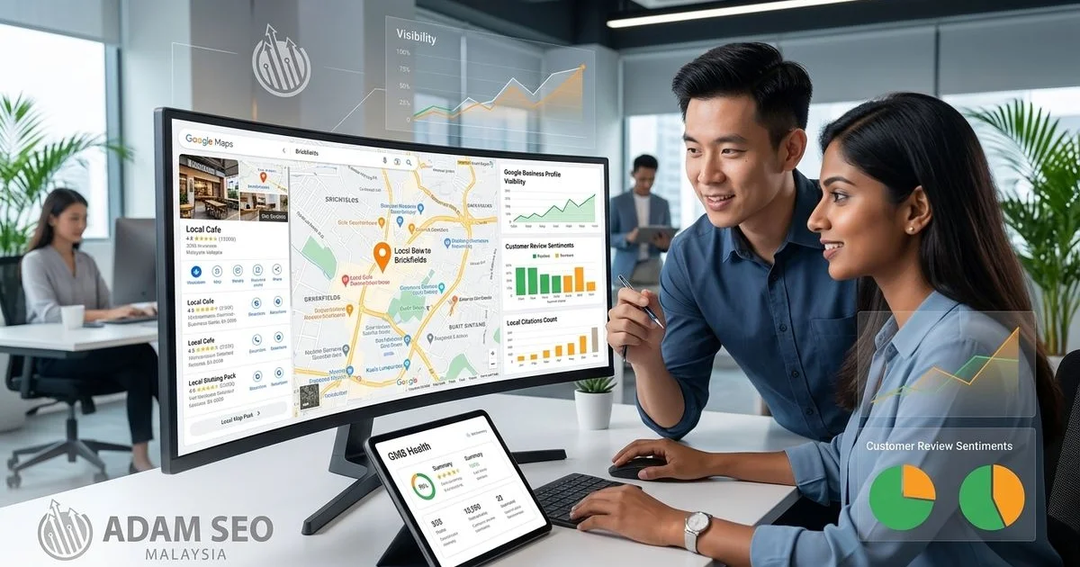Malaysian local business owner viewing Google Maps visibility dashboard with consultant in a modern office