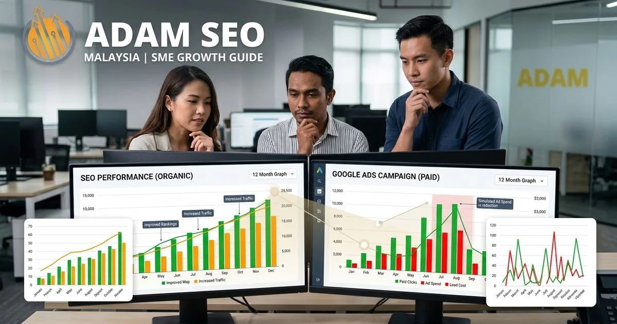 Marketing team comparing SEO and Google Ads performance dashboards side by side in a modern Malaysian office