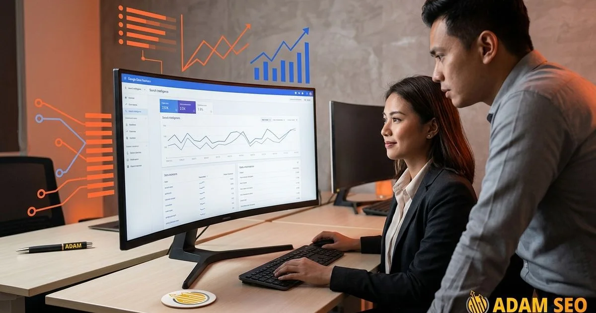 Modern AI search interface concept with business visibility data overlays