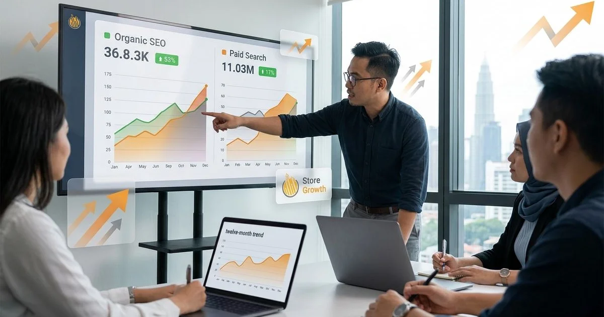 Online store team comparing paid ads and organic revenue dashboards with 12-month performance trend