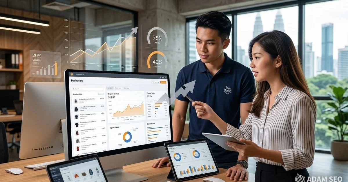 Shopify store analytics dashboard on laptop with Malaysian e-commerce team reviewing SEO performance