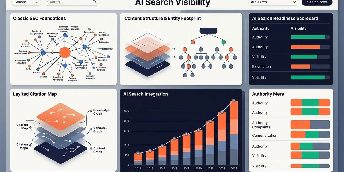 AI search readiness scorecard with classic SEO foundations content structure entity footprint and authority signals layers for Malaysian brand