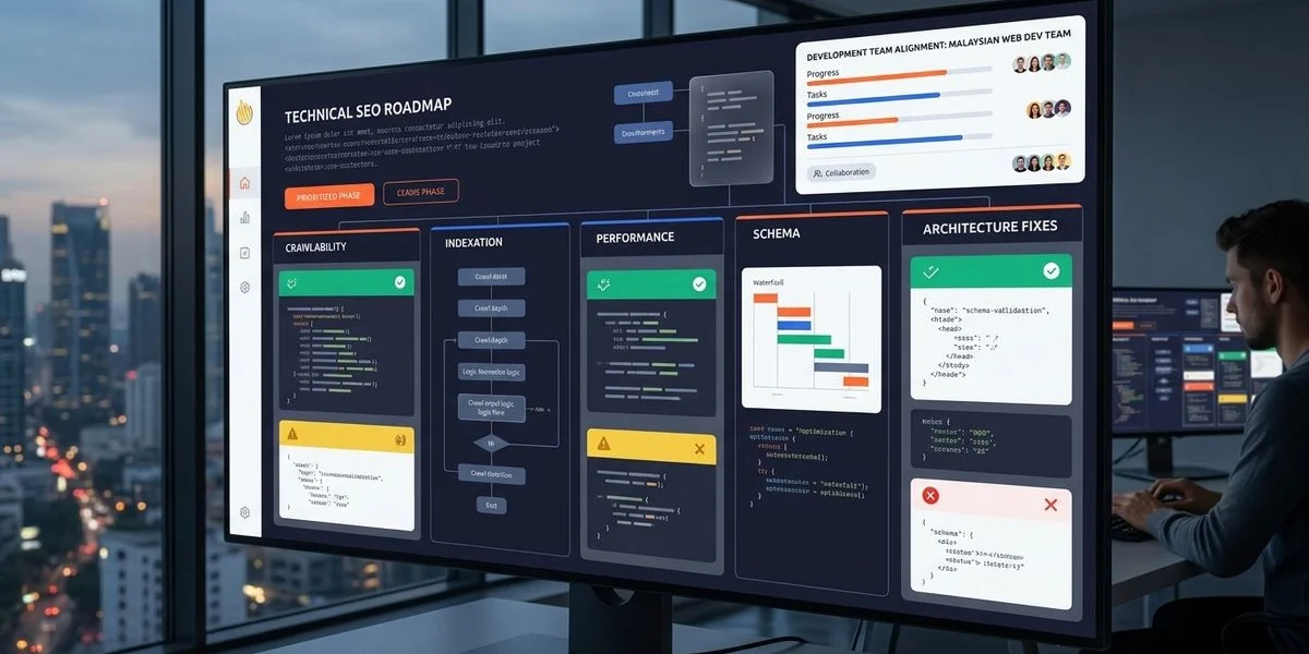 Technical SEO roadmap with prioritized crawl indexation performance schema and architecture fixes for Malaysian website development team
