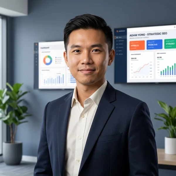 Adam Yong, founder of Adam SEO, professional headshot in a modern Kuala Lumpur office with subtle dashboard screens