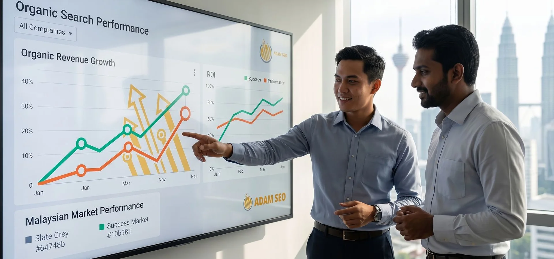 ROI-focused SEO consultant reviewing organic revenue growth dashboard for a Malaysian business in a modern Kuala Lumpur office